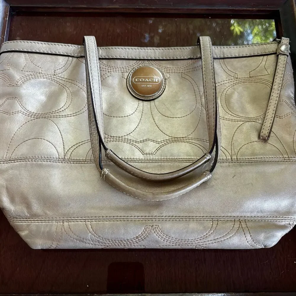 Coach F18877 Gold Metallic Signature Stitch Leather Tote 2011